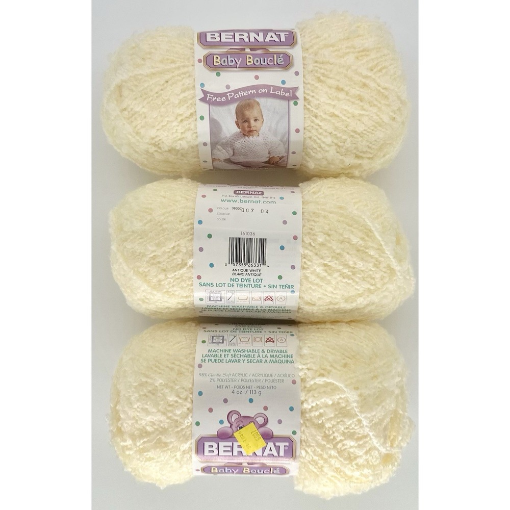 Vintage Bernat Baby Boucle Yarn Antique White RARE Lot of 3 DISCONTINUED NEW